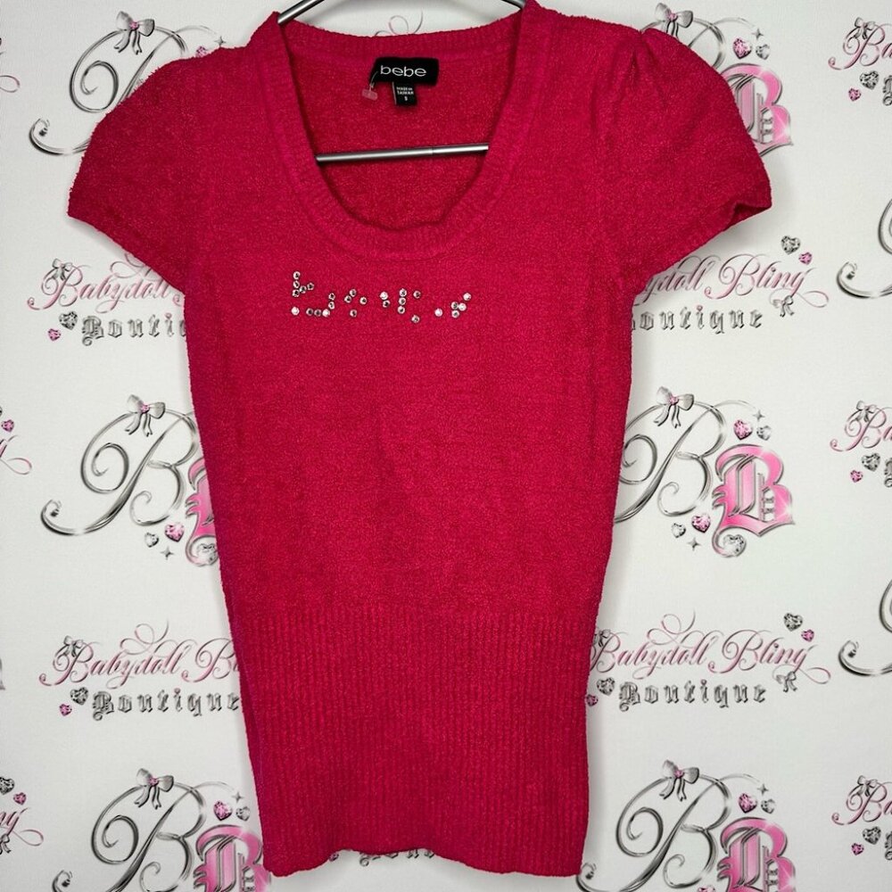 Bebe fur top baby fur chenille soft bright pink rhinestone Swarovski crystals